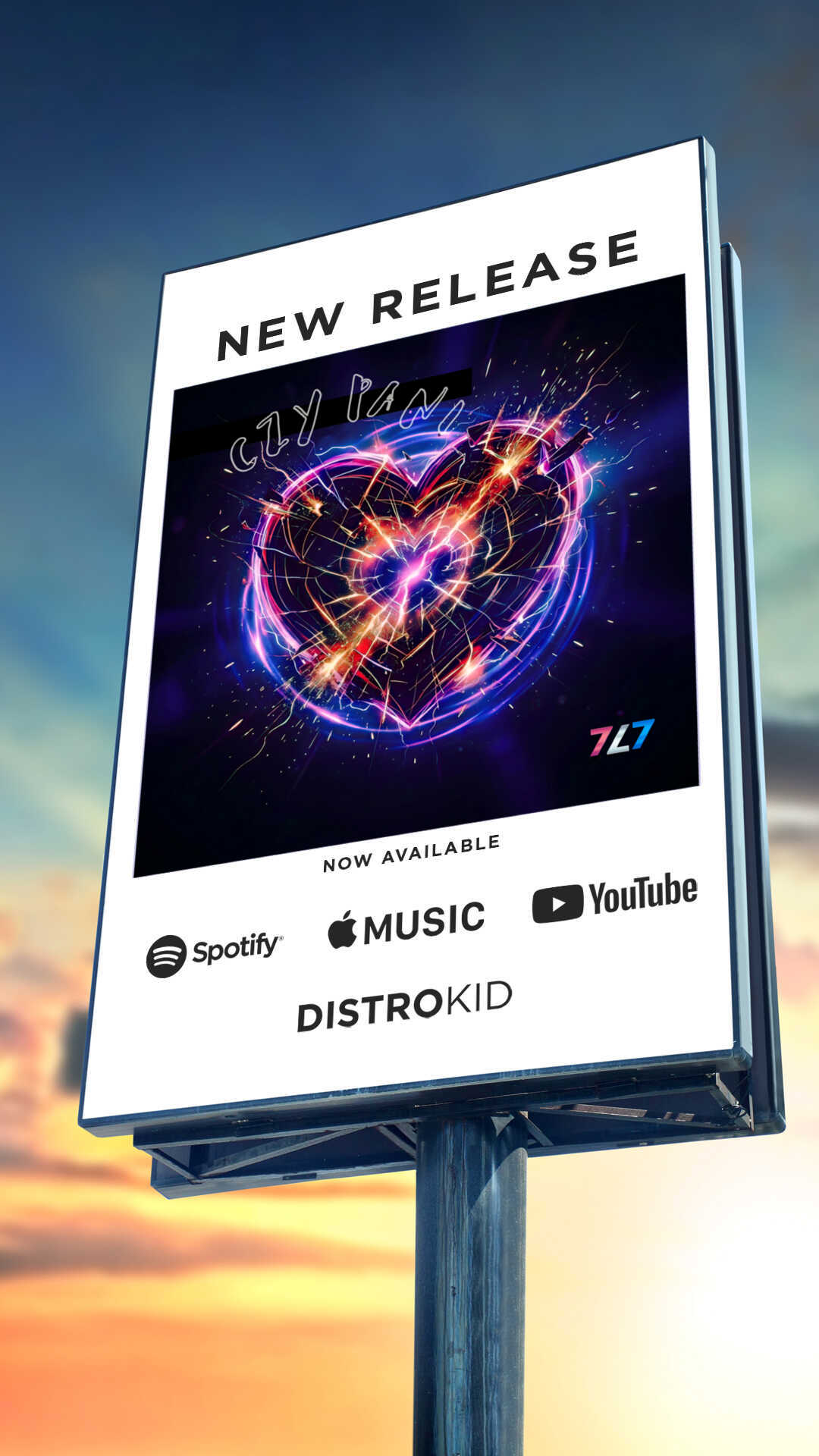 Baner promocyjny singla „CZY PANI” 7L7 — billboard z napisem NEW RELEASE, okładką utworu (świetlne neonowe serce w tonacji różowo-niebieskiej) oraz logotypami platform Spotify, Apple Music, YouTube i dystrybutora DistroKid.